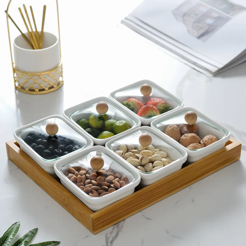 
Whole Sale Nordic Style Fashionable 6 Compartment Dry Fruit Ceramic Tray With Wood Shelf 