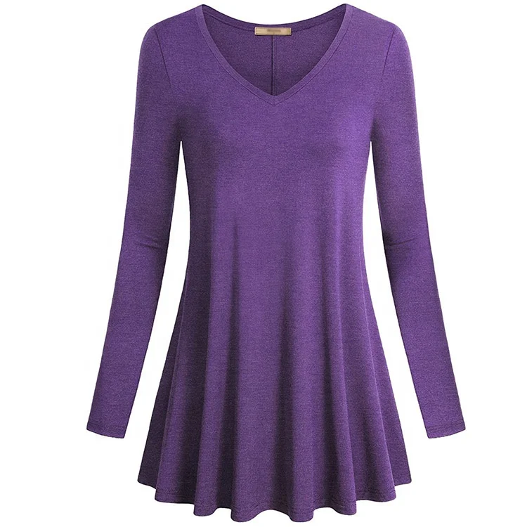 2021Hot Sale Swing Ladies V Neck Long Sleeve Loose Fit Casual Long Tunic Tops Spring Fall Knitted Blouses For women Wholesale f