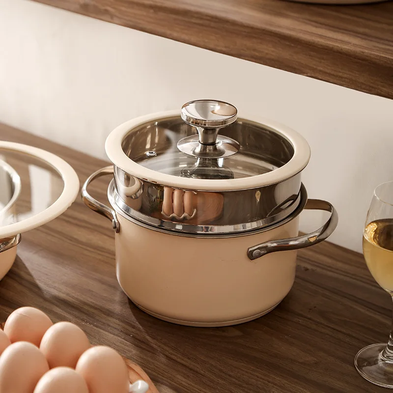 Korean Stainless Steel 304 Double Bottom Cookware Set Ceramic Lacquer Soup Milk Steamer Auxiliary Food Pots