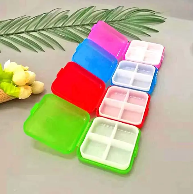 Square Pill Organizer Box 4 Compartment Travel Medication Carry case Container - A Daily Pillbox Dispenser Reminder for Vitamin