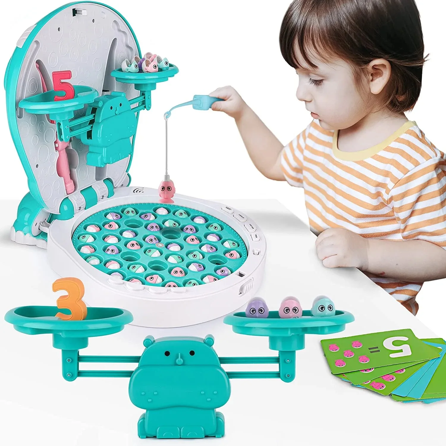 4 In 1 Educational Toy Magnet Attracts Small Fish Hippo Fishing Platform Rotating Fishing Play Game With Music And Sound
