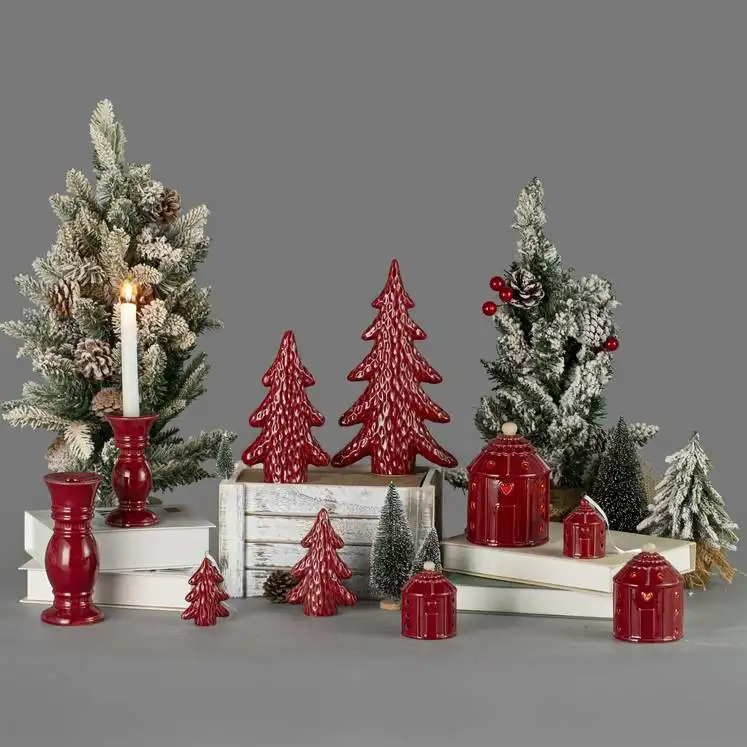 Classcal Xmas Red Glazing Custom Ceramic Christmas Tree Decoration Ornaments Farm House Reindeer Snowman Dinner Candle Holder