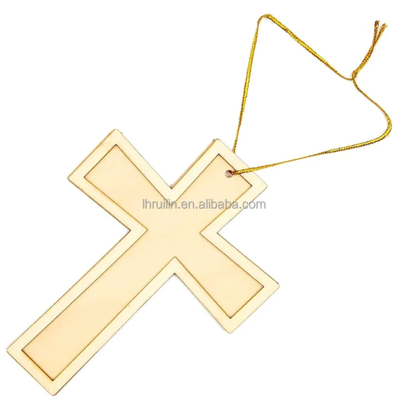 Bright Creations Unfinished Wood Cross with Gold Rope Hanging Cross for DIY Craft Projects Religious Home decorative Wood Cross