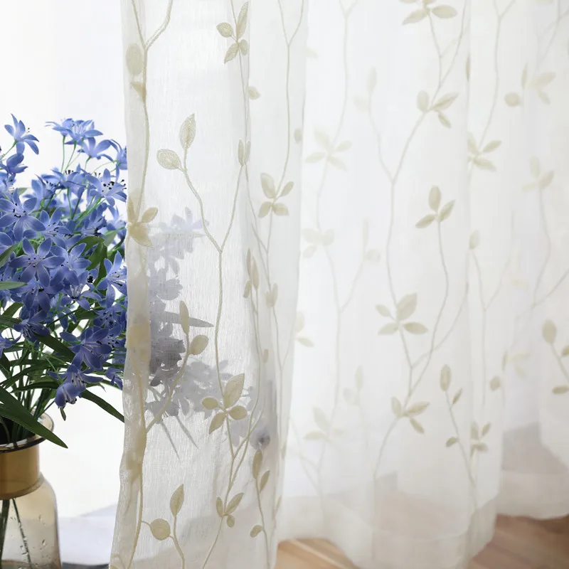 White embroidered window netting Nordic gray curtain solid color foliage curtain simple modern American garden window netting