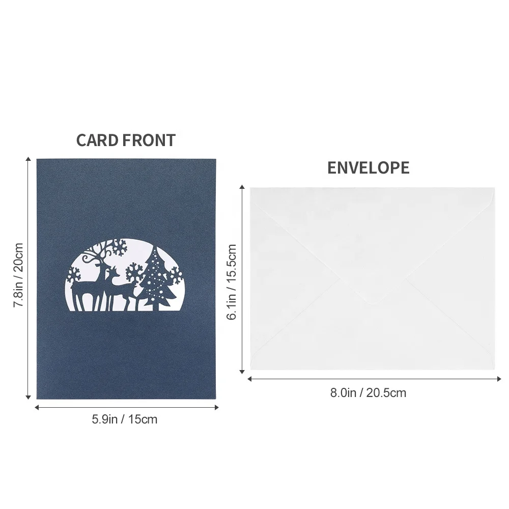 Wholesale Laser Cut Luxury Elk Holiday Merry Christmas Pop-up Pop Up Greeting Cards with Envelopes