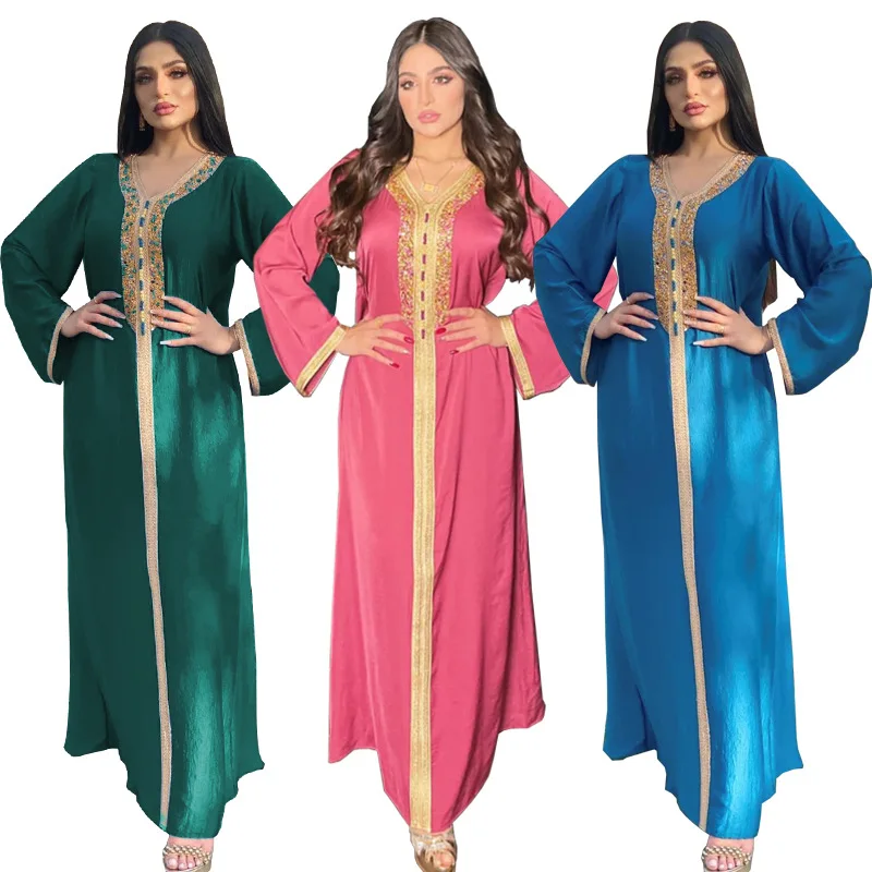 2022 Abaya Kaftan Islamic Clothing Hot Rhinestone Ribbon Abaya Dubai Muslim Robe Turkey Caftan Marocain Prom Dresses