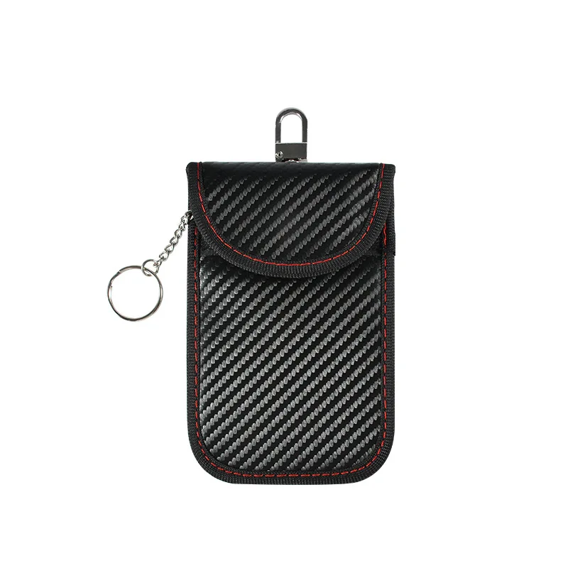 Carbon Fiber Leather RFID Car Key Signals Blocker Case with key hook keyless car theft Pouch Faraday car key bag