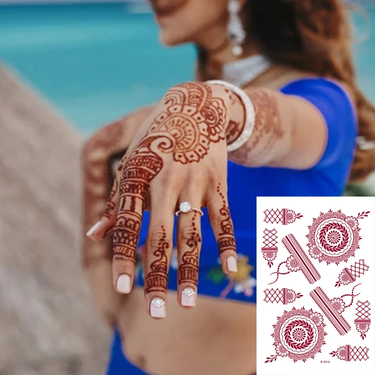 Hot Sale Fashion Henna Mehndi Red Brown Tattoo Stickers Body Art Arabic Face Hand Temporary Tattoos Waterproof Sticker