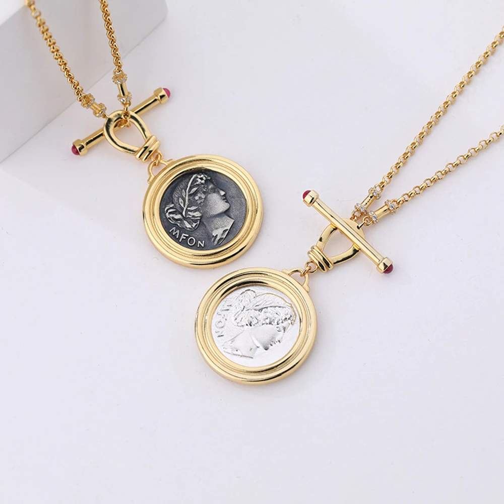 925 Sterling Silver Gold Plated Vintage Portrait Pendant Personality Ancient Coin Necklace