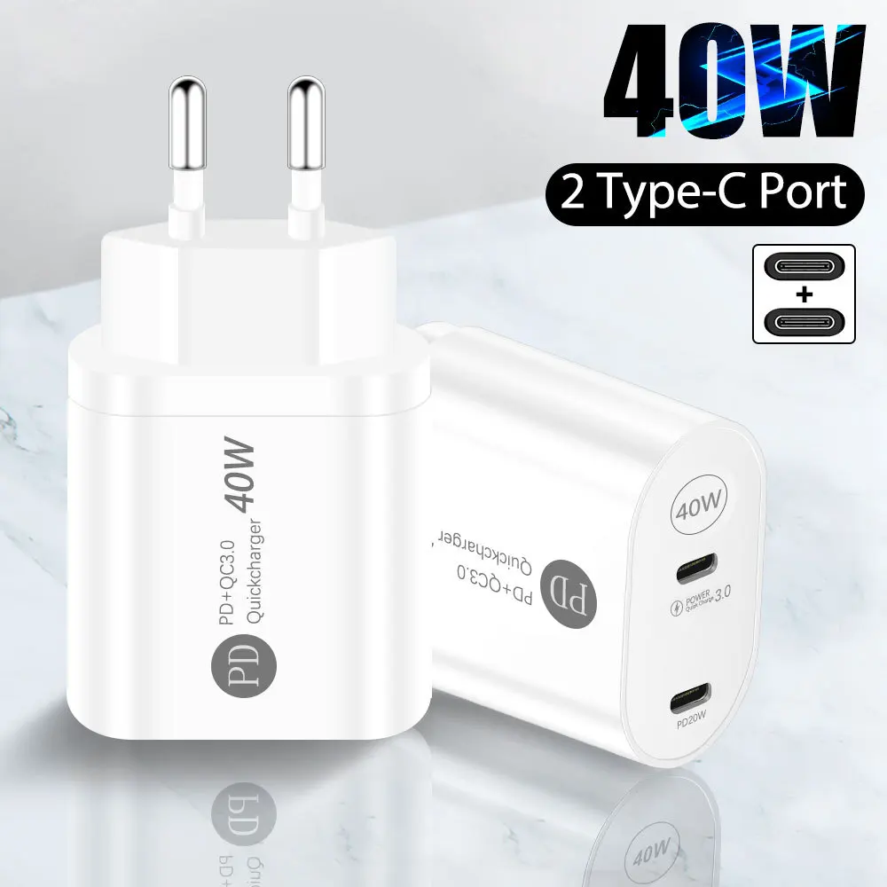 China Factory Online Products Universal Portable Travel 2 Type-C Fast Charging 40W Power Chargers & Adapters For iPhone 13 12