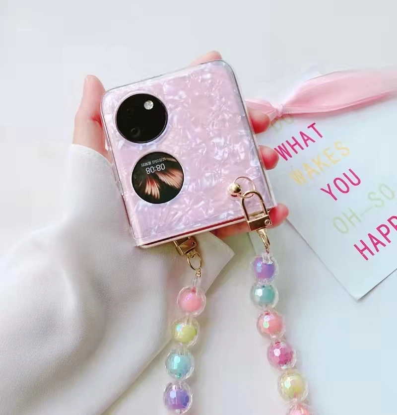 Glitter Pearly-Lustre Translucent Shell Pattern Mobile Phone Case With Wrist Chain for Huawei P50 Pocket Case