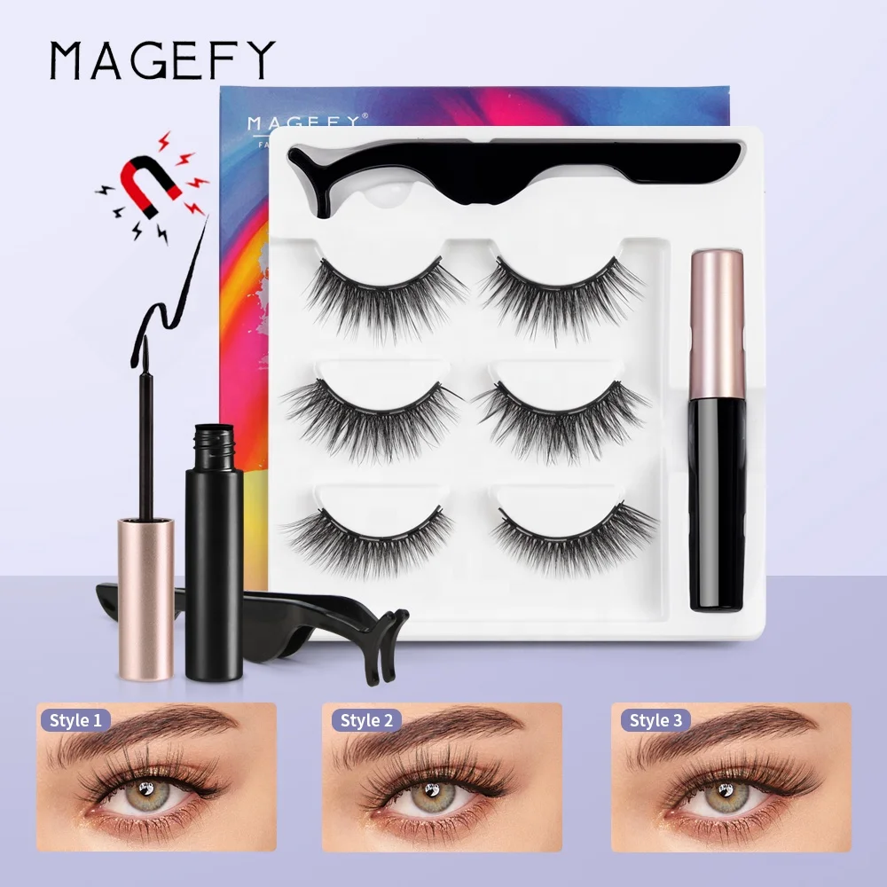 MAGEFY magnetic eyelashes wholesale newest 3 pairs pack 3d magnetic eyelashes and eyeliner set