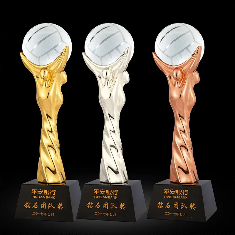 Custom made champion 3d male figures Award cup sport trophy blank sublimation glass crystal volleyball trophy for souvenir gift