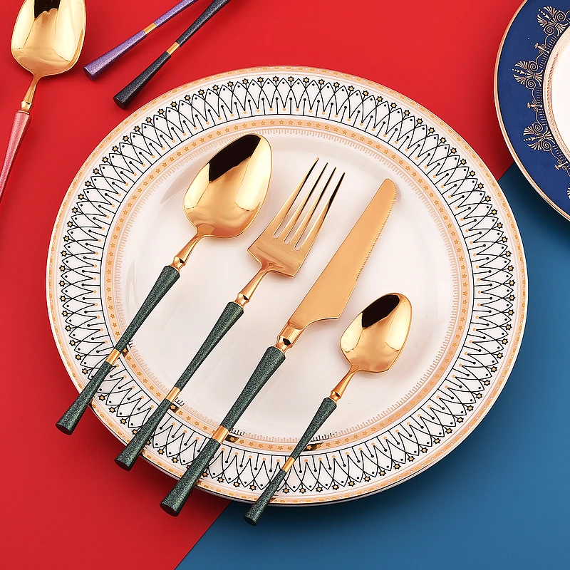 hot selling wholesale cheap travel flatware sets reusable silver stainless steel spoon fork  knife wedding gold flatware set