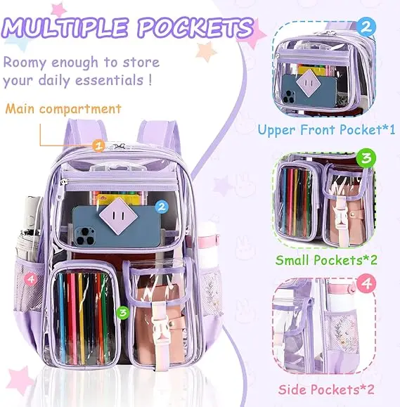 Clear Backpack Heavy Duty PVC Transparent Bookbag for Girls Stadium Approved See Through Backpack