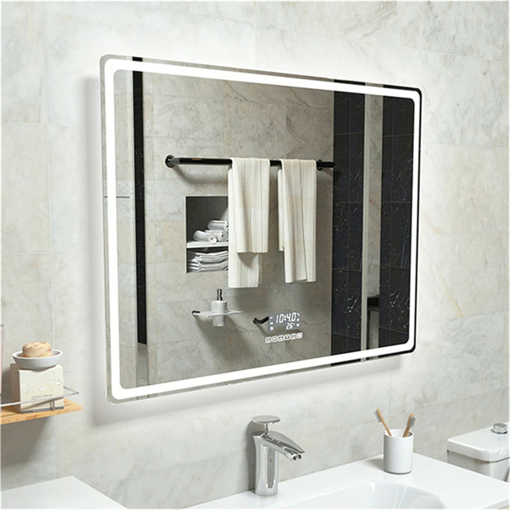 Luxury Custom Logo House Touch Switch Mirrored Large Wall Clock Led Bathroom Mirror Cabinets Washing