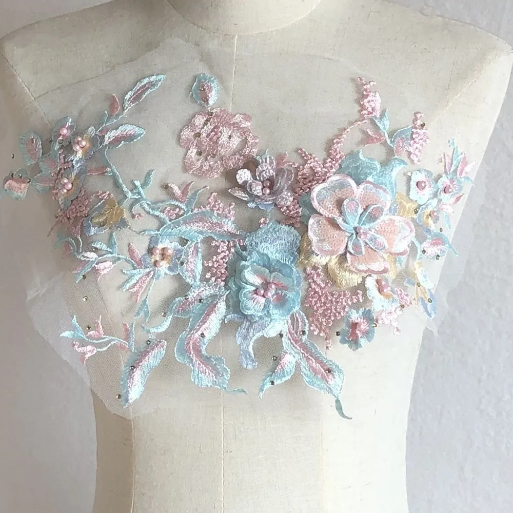 Beaded Blossom Lace Applique 3D Flower Embroidery Lace Patch Motif Sew onto Dance Costumes PromDress