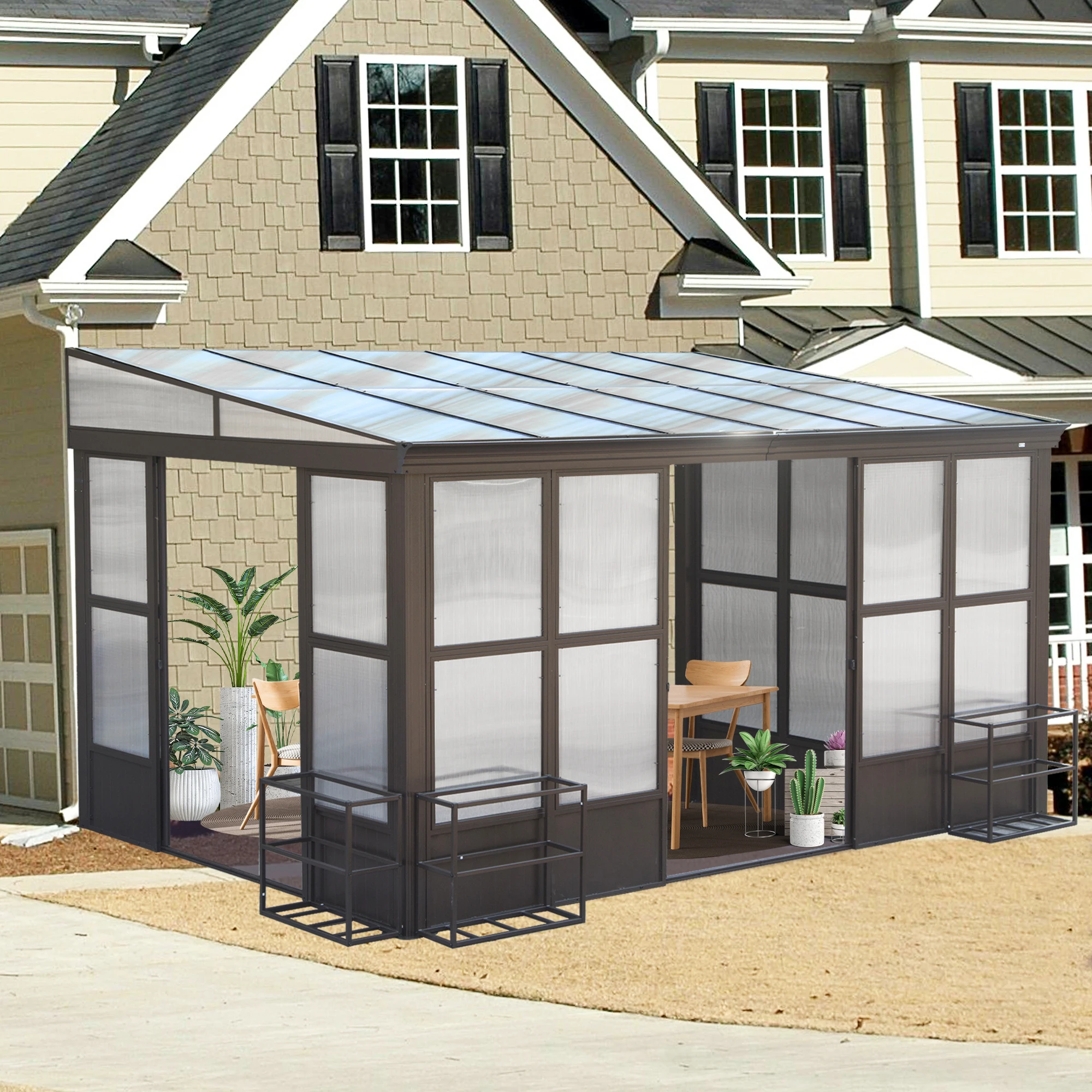 Outdoor Permanent Wall Mounted Solarium with Detachable Window Lean to Gazebo Sun Room for Garden