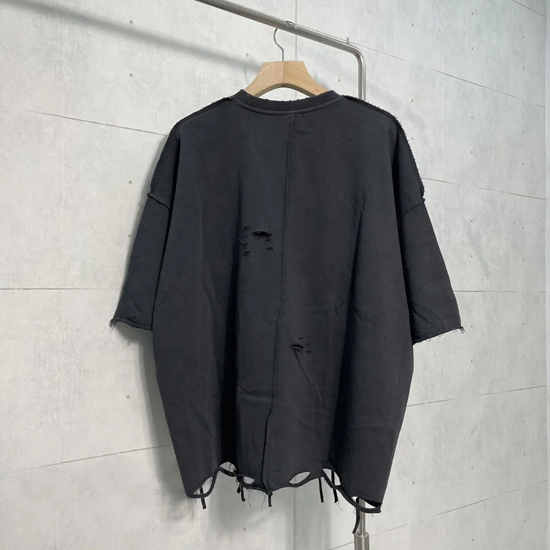 100% cotton heavy weight oversized High street fashion loose ripped holes t-shirt hip-hop distressed custom men t shirts