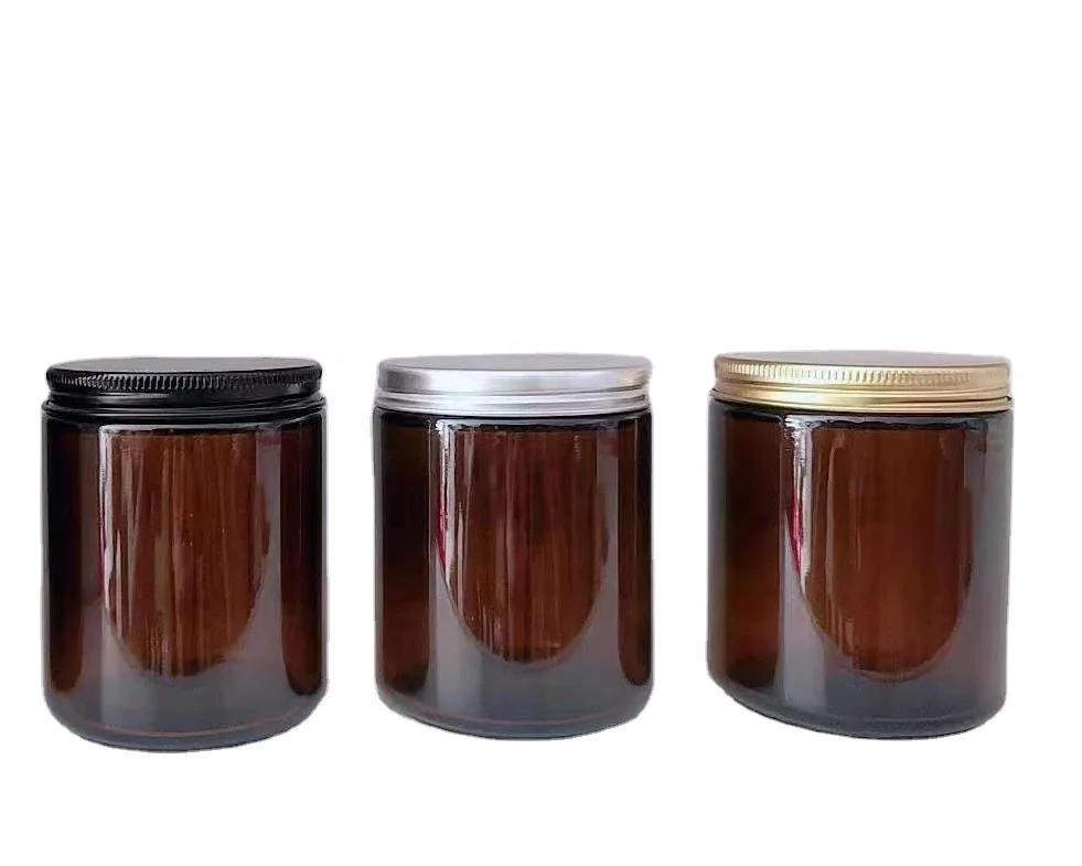 8 унций круглая стеклянная банка с широким горлышком прозрачная янтарная прямая сторона черными золотыми серебряными крышками