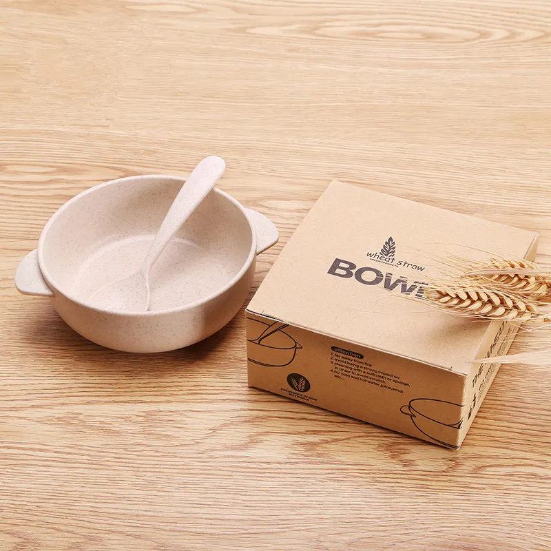 
Custom Design Non-slip and Anti-scald household Plastic bowl binaural Wheat straw baby bowl and spoon set 