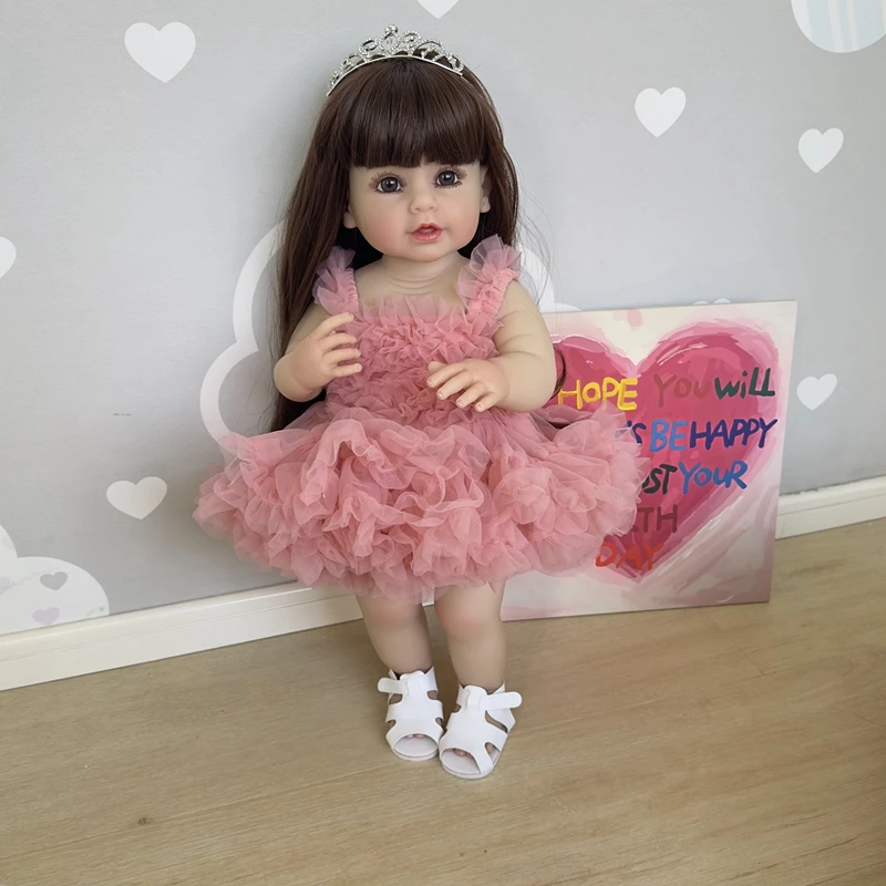 NPK 55CM full body soft silicone vinyl Reborn Stand Toddler Girl Doll lifelike Really Baby Doll with Pink Dress doll toys