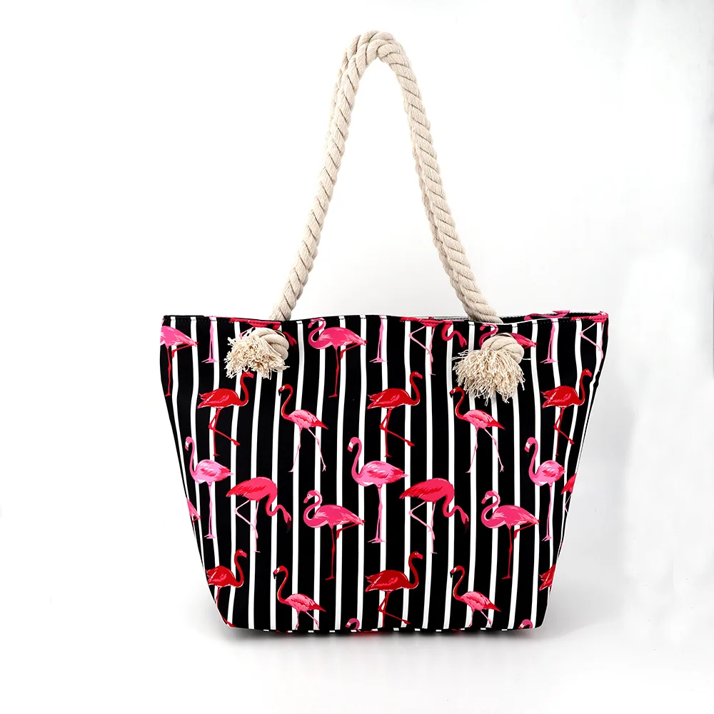Customized Fashion Elements Flamingo Pattern Digital Printing Thick Rope Cotton Canvas Beach Bag