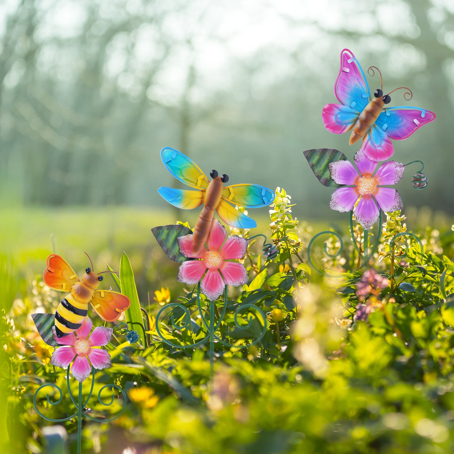 Topadorn Bee Butterfly and Dragonfly Set of 3 Garden Stakes Outdoor Plant Pick Waterproof Metal Flower Garden Stakes