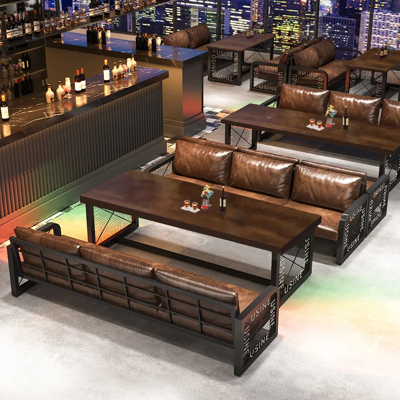 Booth Seating Industrial Coffee Table And Chairs Sets Metal Vintage Commercial Dining Bar Sofa For Restaurant