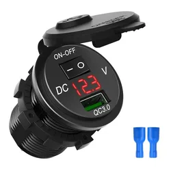 Quick Charge 3.0 USB Car DC5V -12V Charger Socket Digital Display Voltmeter with ON-OFF Switch for Car Motorcycle ATV