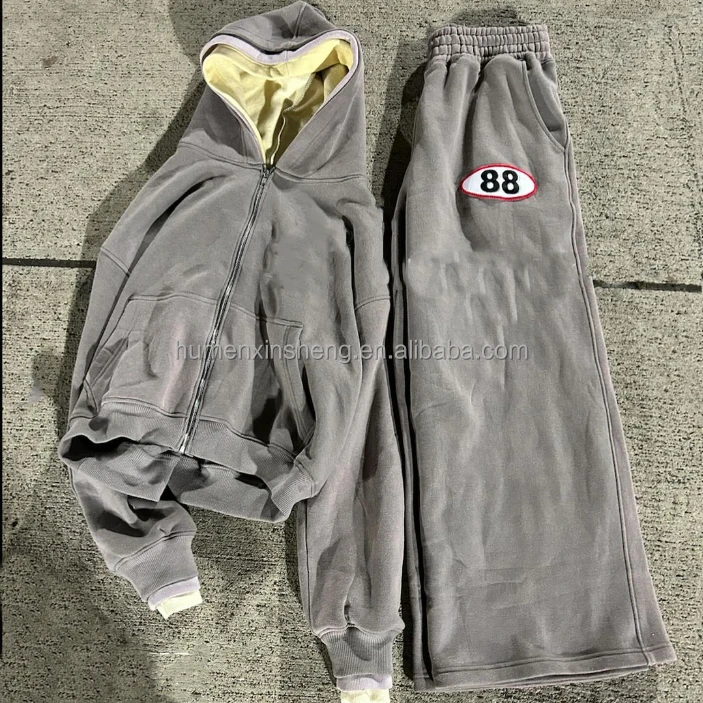 Clothing manufacturers custom wash three double layer baggy flare sweatpants and cropped hoodie set sweat suits men