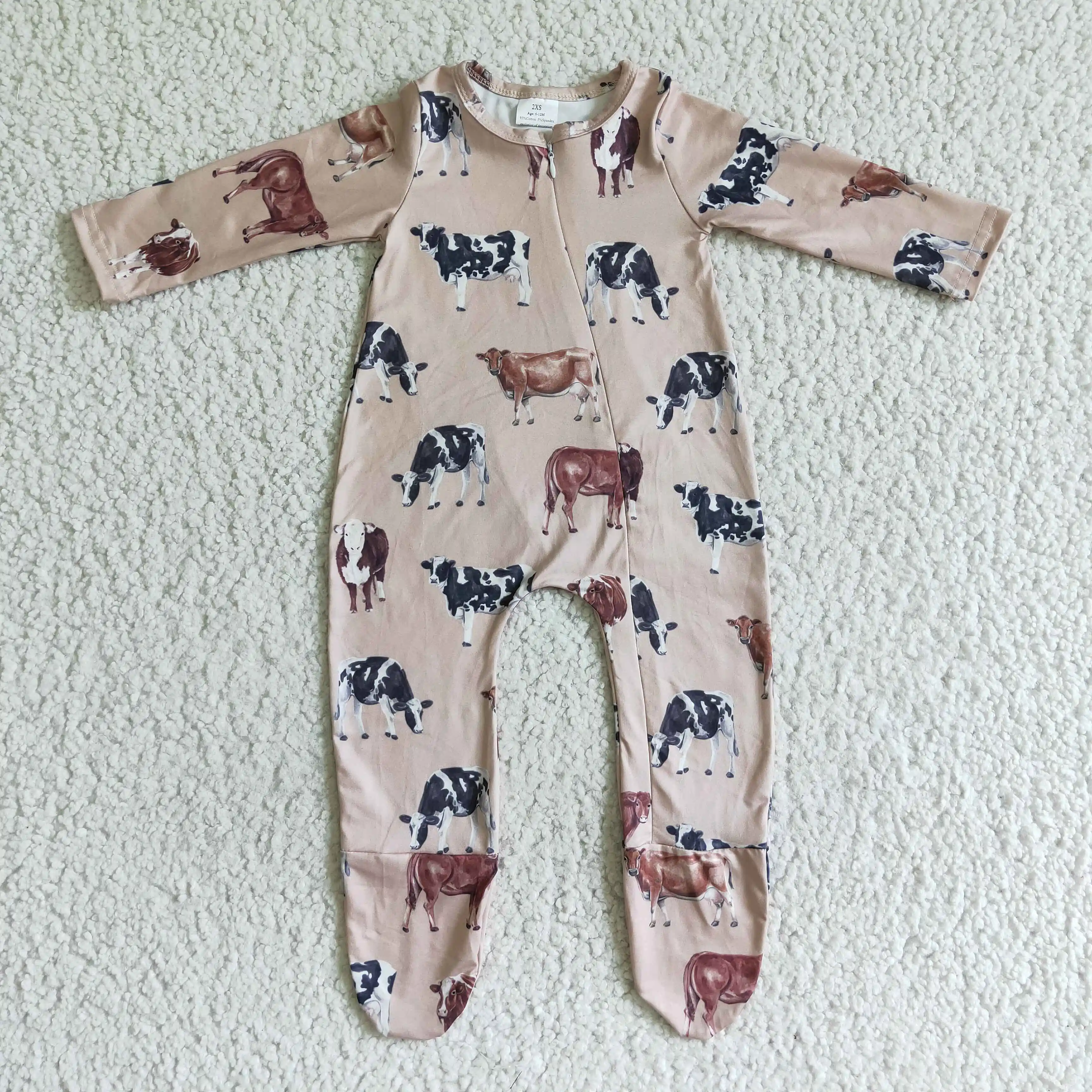Promotion western zipper romper long sleeves polka dot boot print wholesale girls footed romper boutique low price ready to ship