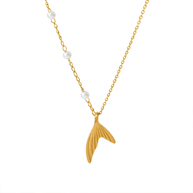 Waterproof Stainless Steel Necklace Imitation Pearl Mermaid Pendant Necklace
