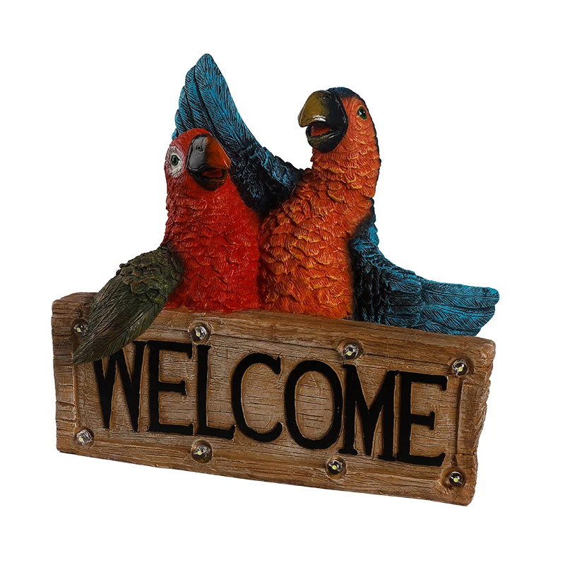 
Polyresin Solar welcome sign parrots statue resin animals figuren Succulents with solar light 