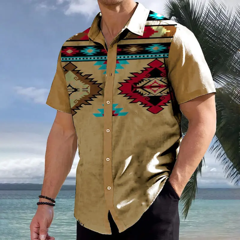 New Design Custom Floral Casual Loose Plus Size Vintage Aztec Beach Printing Men Beach Shirt T Shirts