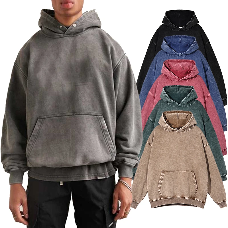 jicai Custom High Quality Blank Vintage Washed Sublimation 100% Cotton Hoodies Wholesale Oversized Acid Wash Hoodie Men