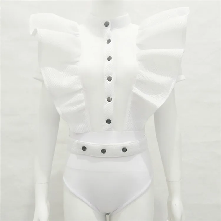 Hot Selling Transparent Ruffles Button Long Sleeve Bodysuit Women Sexy Mesh Bodysuit