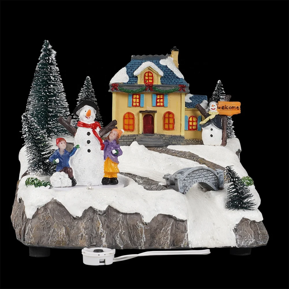 Wholesale Noel Holiday Decor Xmas Scene Resin Fiber Optic Christmas Village Houses with Mult Color Leds Lights