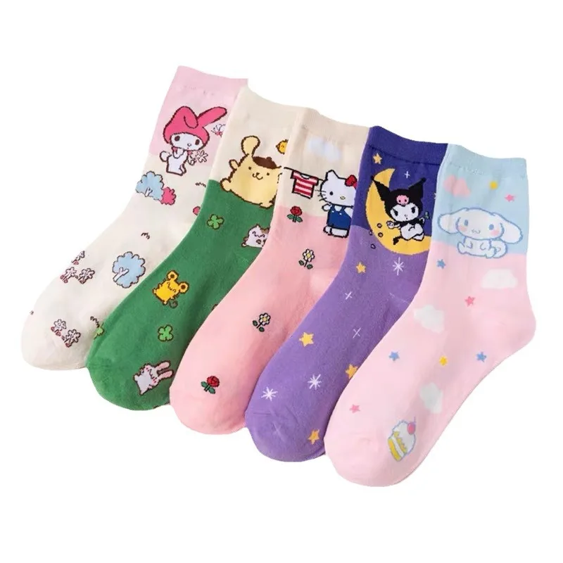 Носки для девочек Kuromi Melody Pompurin Мультяшные хлопковые мягкие впитывающие пот дышащие носки
