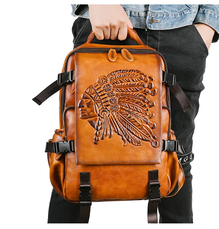 Men Casual Vintage Cow Bull Full Grain Genuine Crazy Horse Leather Travel Backpack Bag
