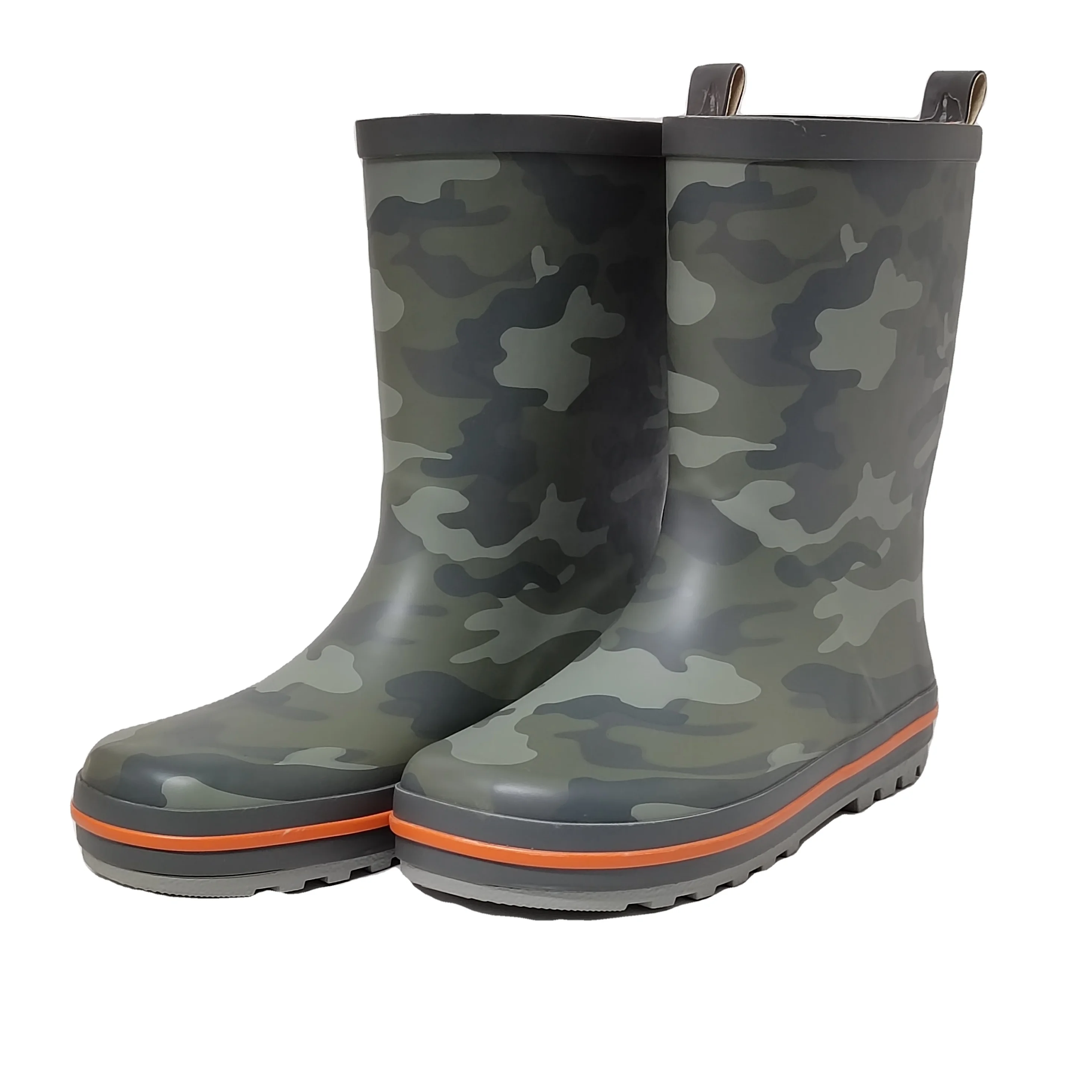 camouflage printed orange lining waterproof rubber rain boots for children