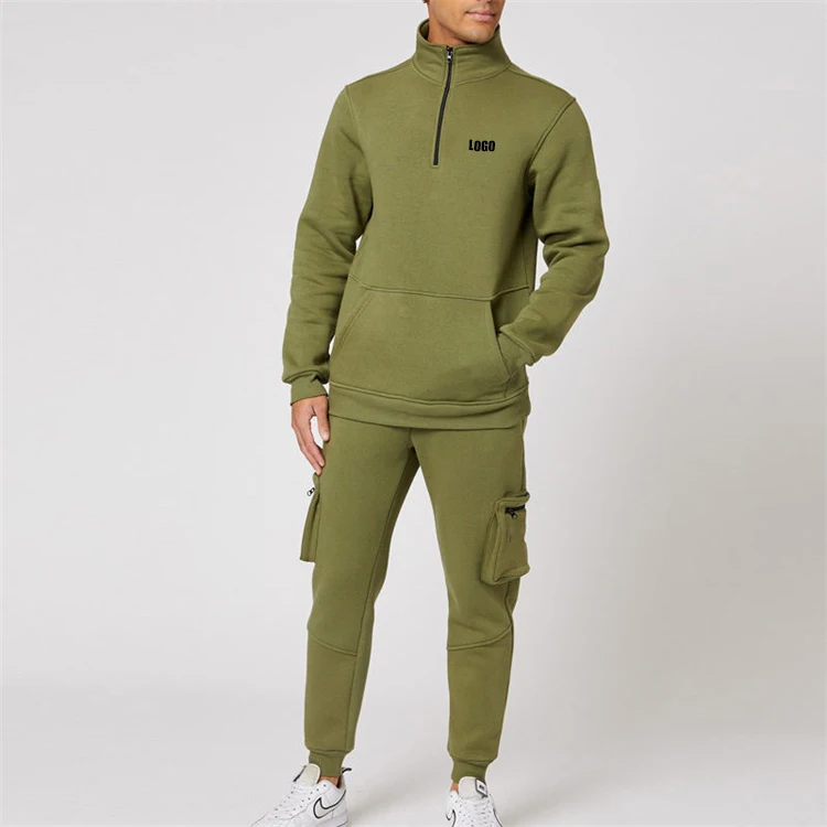Manufacturers Custom Logo Mens Solid Color Pullover 1/4 Zipper Hoodie Set Gym Mens Tracksuits Slim Fit