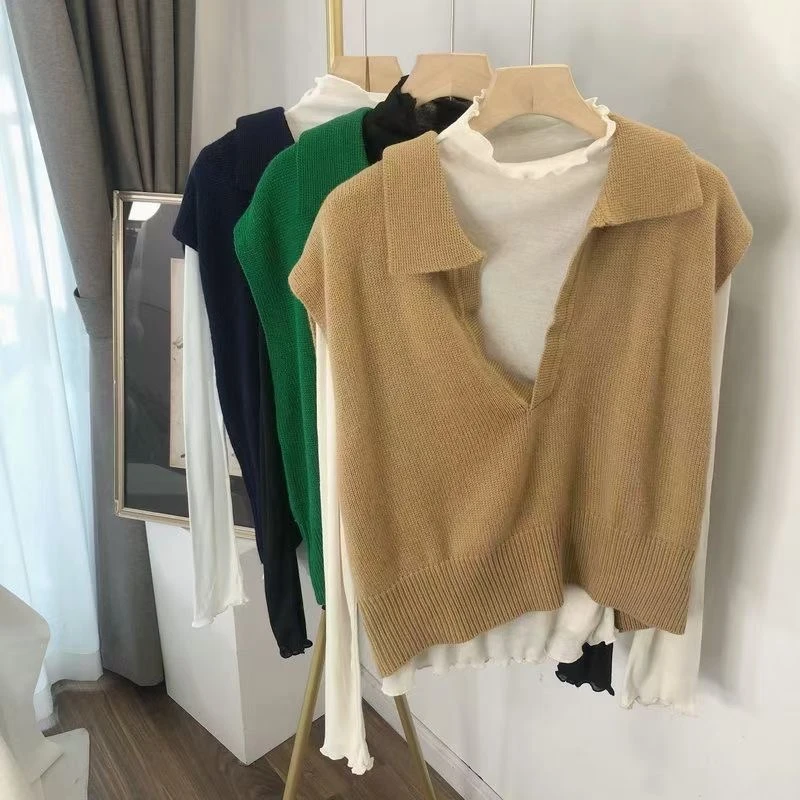 Spring Autumn Women Sweaters Pullovers Striped Sleeveless Knitted POLO Collar Wild Short Vests