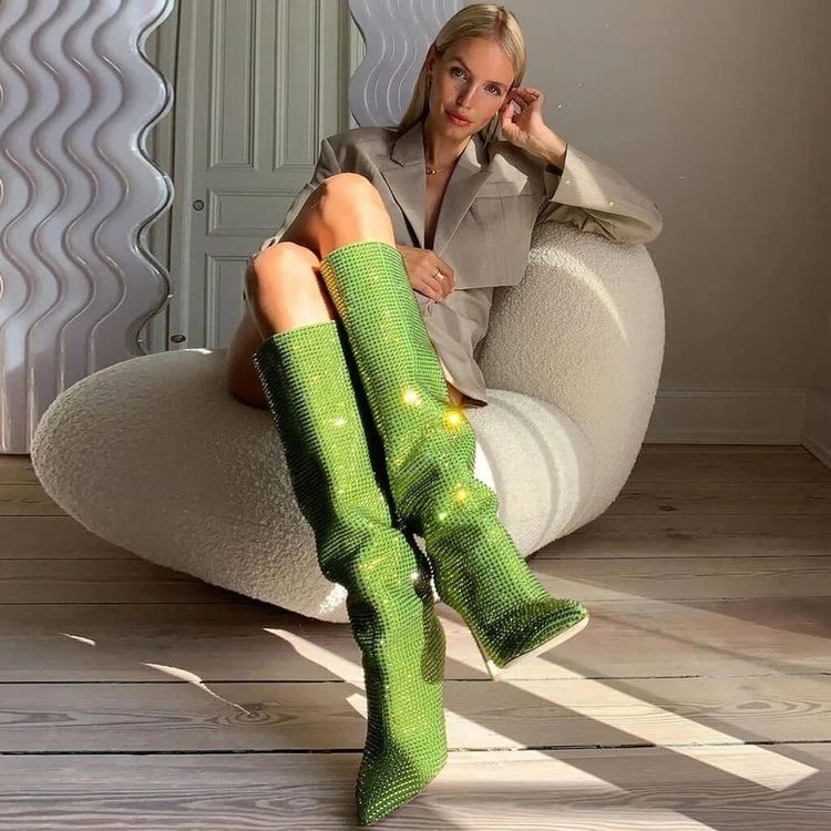 2024 Custom Shiny Pointy Toe Crystal High Stiletto Heel Zipper Suede Pink Rhinestone Women Knee high Boots
