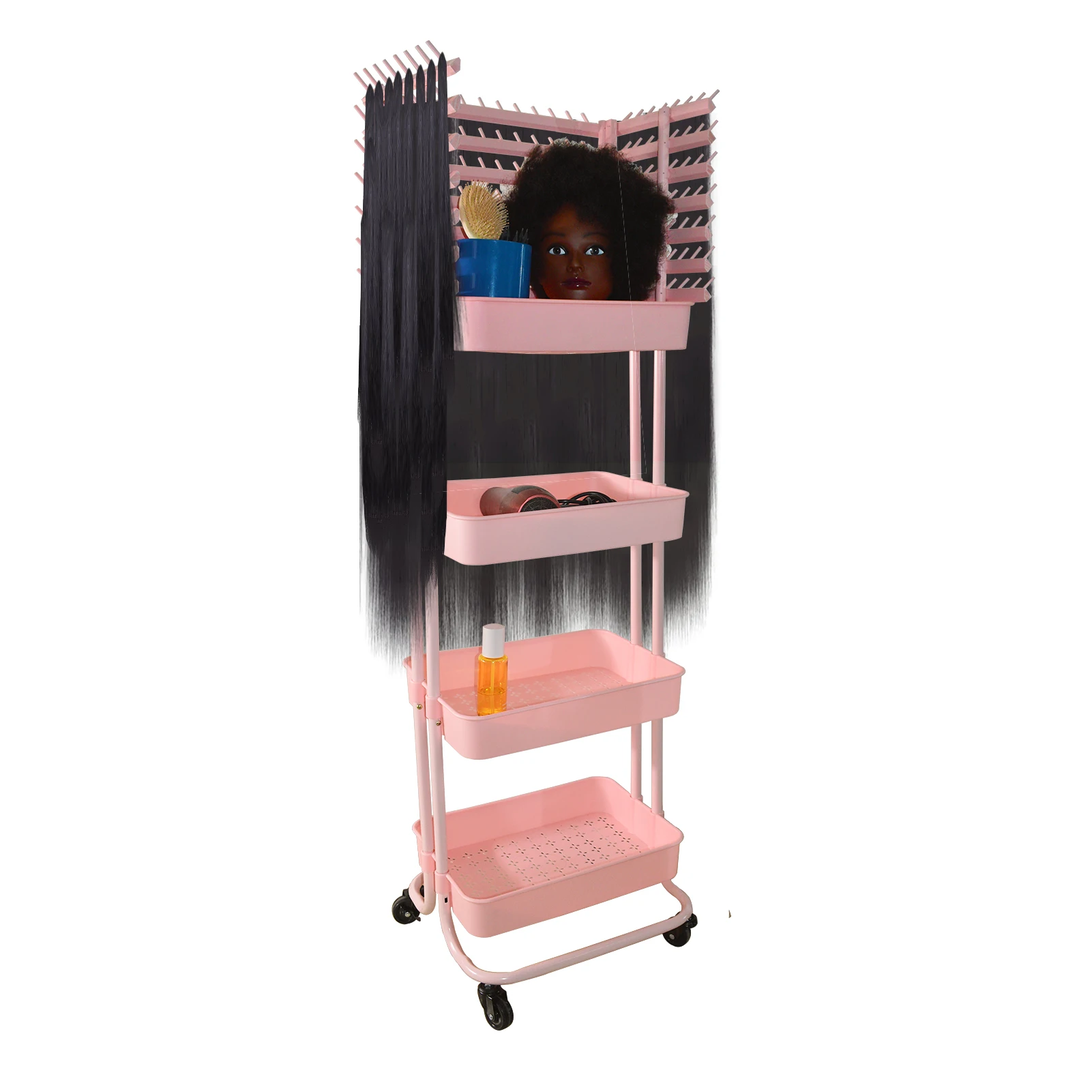 Braiding Hair Rack with 196 Pegs Hair Extension Holder with 4 Tiers Storage Cart Elegent Pink Braiding Rack Stand for Braider
