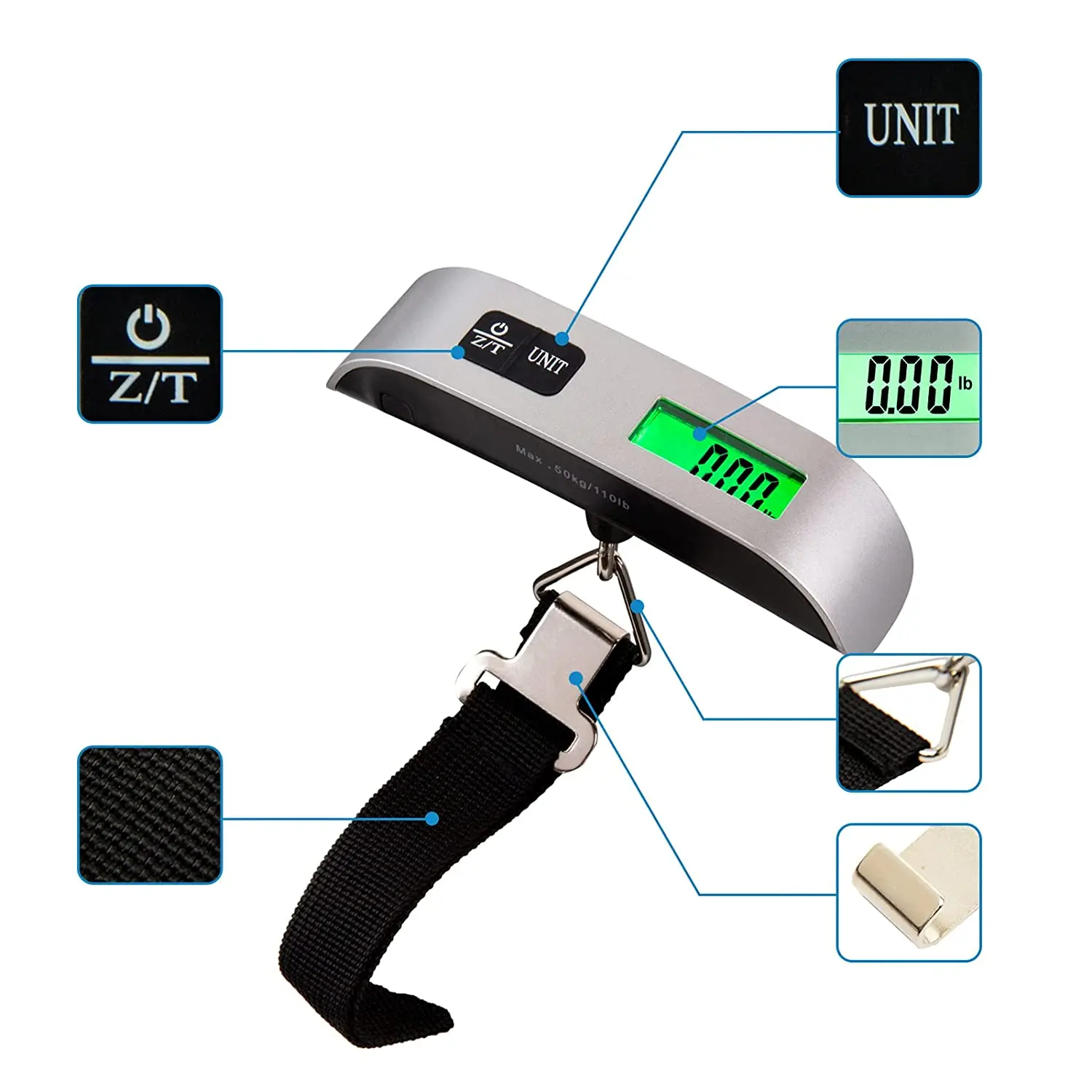 Portable 50kg Smart Luggage Scales Hand Scales with Hook and Belt T Shape Scale for Travel