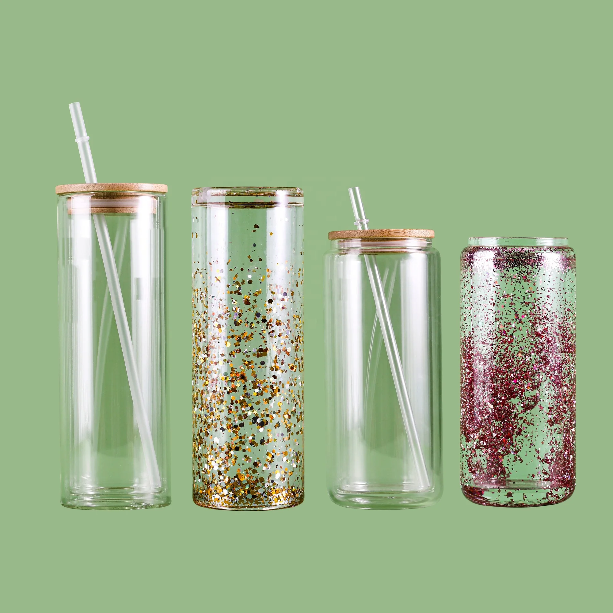 USA WAREHOUSE Sublimation 20oz skinny straight glitter soda beer coffee snow globe glass tumbler with bamboo lid and straw