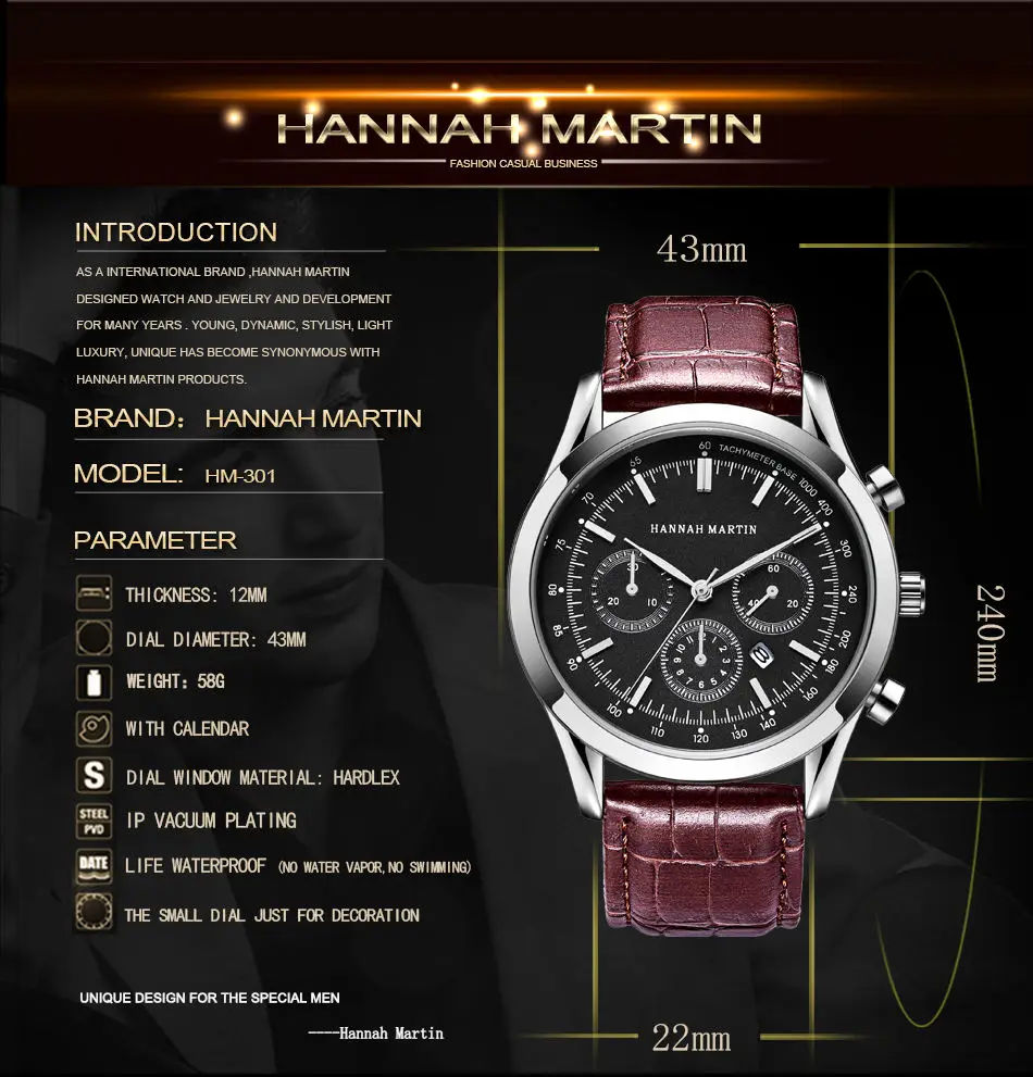 Hannah Martin 301 Hot Sale Gentlemen Quartz Watches For Man Alloy Small Three Needle Chronograph Timepiece Cool Watches For Men