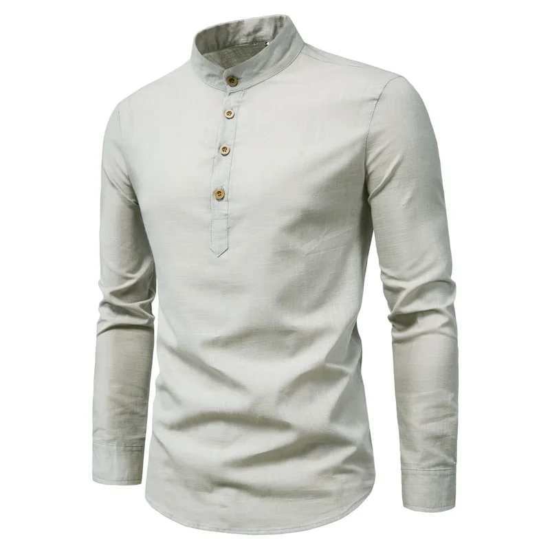 Wholesale high quality linen cotton shirts long sleeve beige casual shirts for men