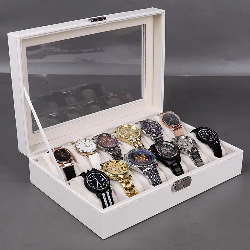 
12 Slots Oem luxury custom white pu leather watch storage display box ladies watch packaging gift box with pillow 